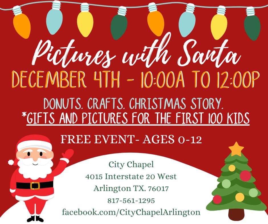 CityChapelARL's tweet photo. Come by this Saturday! Get pictures with Santa! The first 100 kids get pictures and gifts! #picswithsanta #church #Jesus https://t.co/iG5Q7Bd2DR