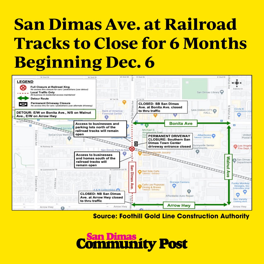 SDCPost's tweet image. #TrafficAdvisory: Starting Dec. 6, a full closure of San Dimas Avenue at the railroad crossing (between Bonita and Commercial) will take effect until June 2022. A detour route has been set up using Walnut Avenue.

#sdcp #goldline #constructionupdate #sandimas #metro #iwillride