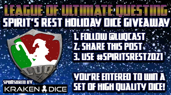 LUQcast's tweet photo. IT'S HAPPENING! We are having a huge @KrakenDice giveaway for the month of December. We have a big pile of beautiful dice and it's super easy to win. Just Follow @LUQcast, share this tweet and use #spiritsrest2021 and your odds of winning are VERY good. #dndpodcast #dicegiveaway https://t.co/QcShRWz9qe