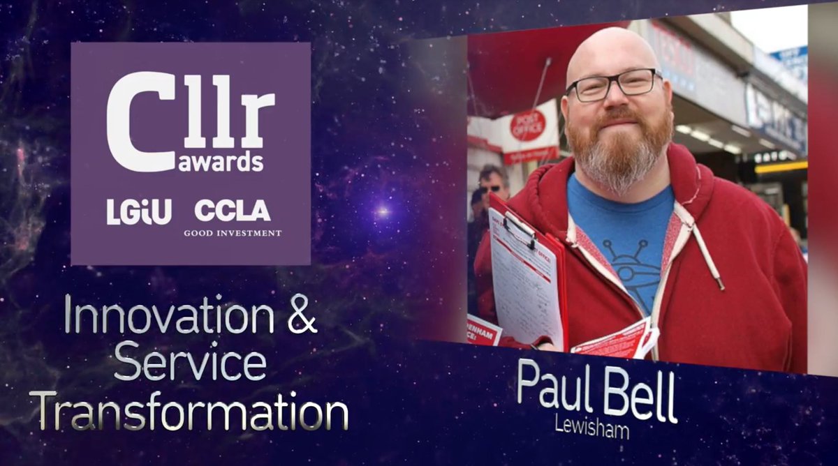 We are pleased to announce that <a href="/PaulBell1971/">Cllr Paul Bell</a> <a href="/LewishamCouncil/">Lewisham Council</a> is this year’s #CllrAwards winner for #Innovation and #Transformation. Watch LIVE youtube.com/watch?v=urI0Mv…