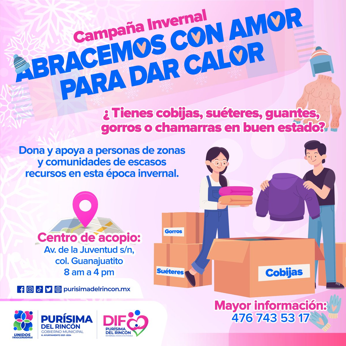 En #DIFMunicipalPurísima seguimos recibiendo donaciones para la campaña invernal "ABRACEMOS CON AMOR PARA DAR CALOR", LIMPIAS Y EN BUEN ESTADO; 
Recibimos donaciones en las instalaciones del DIF Mpal. de 8 am a 4 pm, Lunes a Viernes
#EnFamiliaUnidosSíPodemos
#UnidosTrascendemos