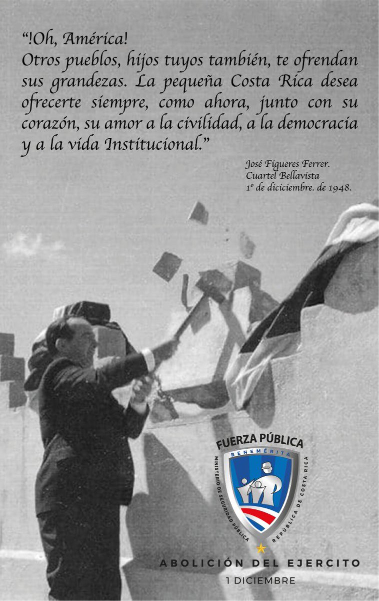 Celebramos la abolición del ejército en Costa Rica. Un hecho de gran importancia para el país que además coincide con la creación de las fuerzas de policía para servir a la comunidad, mantener el orden público y otras misiones que cumplimos con esfuerzo, valentía y mucho orgullo.