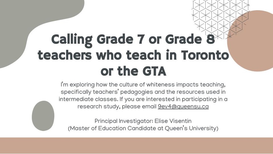 If you teach Gr 7 or Gr 8 (LTOs included) in Toronto or the GTA and are interested in discussing the impacts of whiteness on teaching, please email me at 9ev4@queensu.ca 😊 #OntEd #AntiRacistEducation <a href="/PeelSchools/">Peel District School Board</a> <a href="/DPCDSBSchools/">Dufferin-Peel Catholic District School Board</a> <a href="/tdsb/">Toronto District School Board</a> <a href="/TCDSB/">Toronto Catholic District School Board</a> <a href="/YRDSB/">York Region DSB</a> <a href="/YCDSB/">York Catholic District School Board</a>
