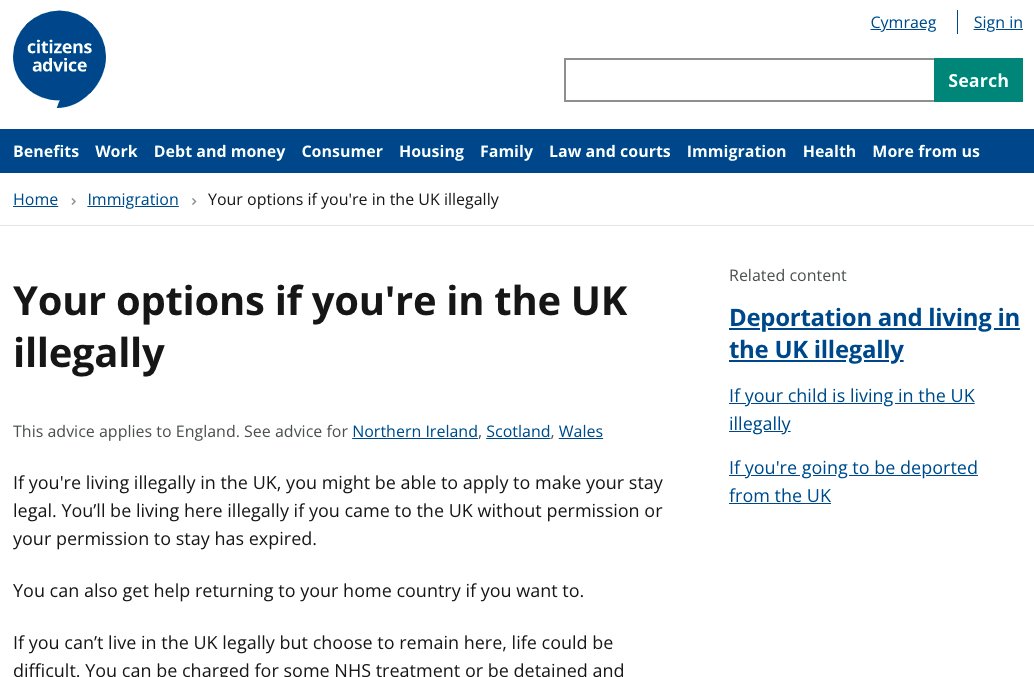 elizajiya's tweet photo. Undocumented people are at the sharp end of utterly difficult living conditions owing to the hostile environment policy. Can you imagine the fear of searching for help with a charity &amp; finding this inhumane and criminalising language? 
Hey @CitizensAdvice, no human is illegal! https://t.co/BXepbcS1is