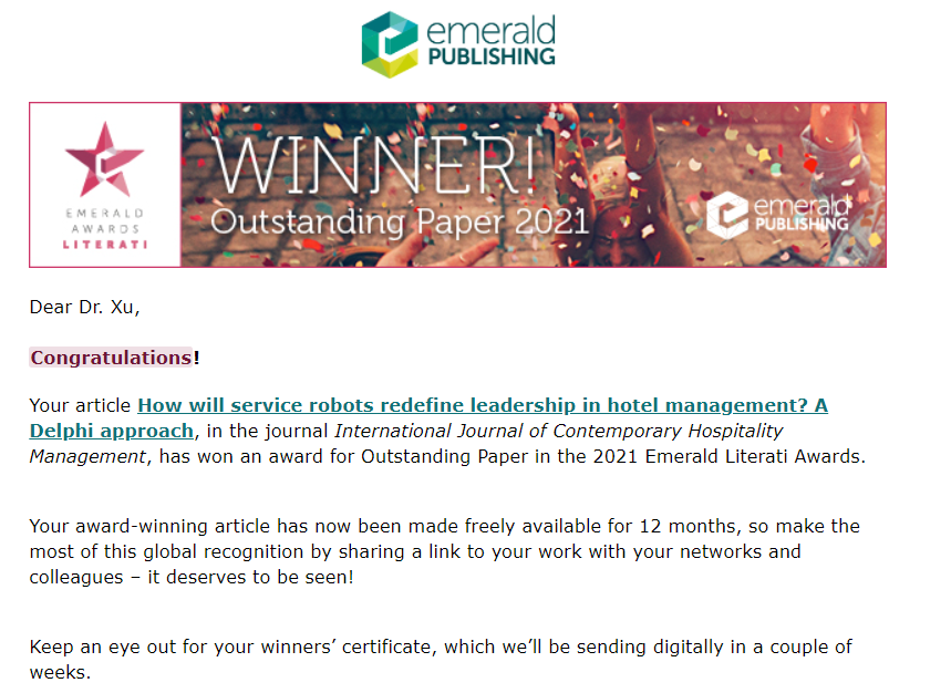 Tracy Xu (@tracyshixu) on Twitter photo Excited to share that our paper on service robots using Delphi method has been awarded as Emerald Outstanding Paper! <a href="/JasonLStienmetz/">Jason Stienmetz</a> <a href="/markashton14/">Mark Ashton FIH</a> <a href="/SHTMatSurrey/">SHTMatSurrey</a> Please see full paper at: emerald.com/insight/conten… Excited to share that our paper on service robots using Delphi method has been awarded as Emerald Outstanding Paper! <a href="/JasonLStienmetz/">Jason Stienmetz</a> <a href="/markashton14/">Mark Ashton FIH</a> <a href="/SHTMatSurrey/">SHTMatSurrey</a> Please see full paper at: emerald.com/insight/conten…