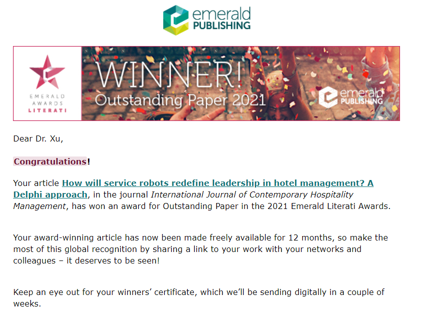 Excited to share that our paper on service robots using Delphi method has been awarded as Emerald Outstanding Paper! @JasonLStienmetz @markashton14 @SHTMatSurrey Please see full paper at: emerald.com/insight/conten…