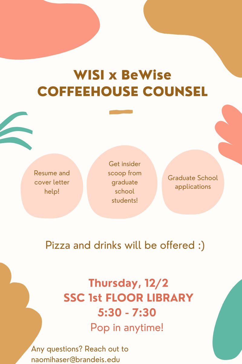 Wisi x BeWise coffeehouse counsel this THURSDAY AT 530-730 in the first floor SSC library. Pizza will be offered for dinner!!! There will be time to eat and socialize and network. 
Please fill out the form if you plan on attending- 
forms.gle/r7wTW5x3VV5dNL…