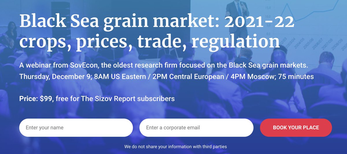 🇷🇺🇺🇦 We are doing a webinar on December 9 on Black Sea grain markets ($99): crop, exports, prices, RU regulation (higher taxes, really??), 2022 crop outlook.

I'm giving away access to one random person who retweets this. Tks for RT!

More: webinar.sizov.report

#wheat #corn