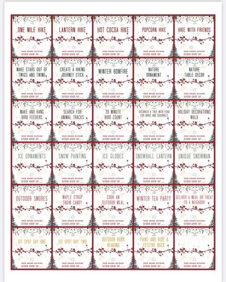 mrslake123's tweet photo. Fun resource from 1000 hours outside. Itโs an advent calendar, but there are 30 activities. Could be adapted to 30 day winter challenge! Always a great source for families wanting to add outside time to their childrenโs days! #joinusoutside https://t.co/4l5W44r6CQ https://t.co/Ry3nTpypr6