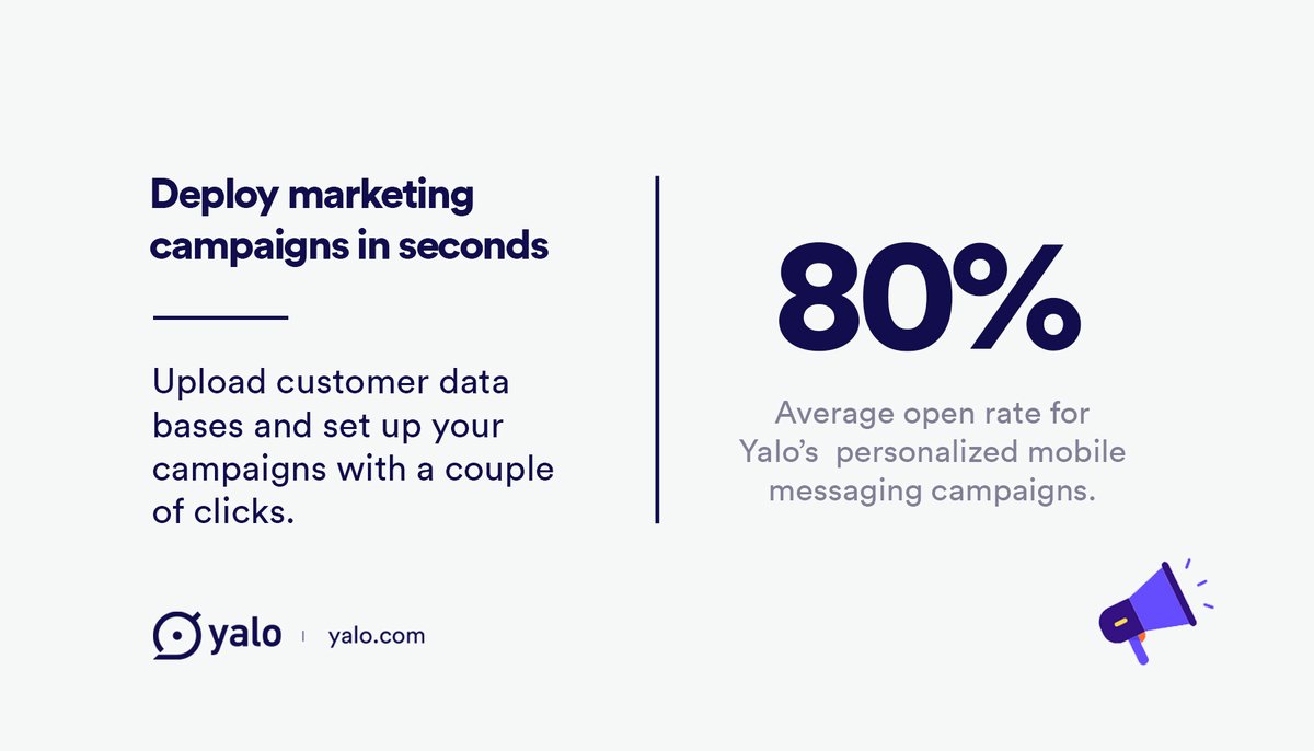 Start #MarketingCampaigns within seconds with #Yalo with only a few clicks. Upload customer #databases from our personalized mobile messaging system, engage and increase your sales. There’s an 80% average open rate for our #DataDrivenCampaigns. For more: yalo.com