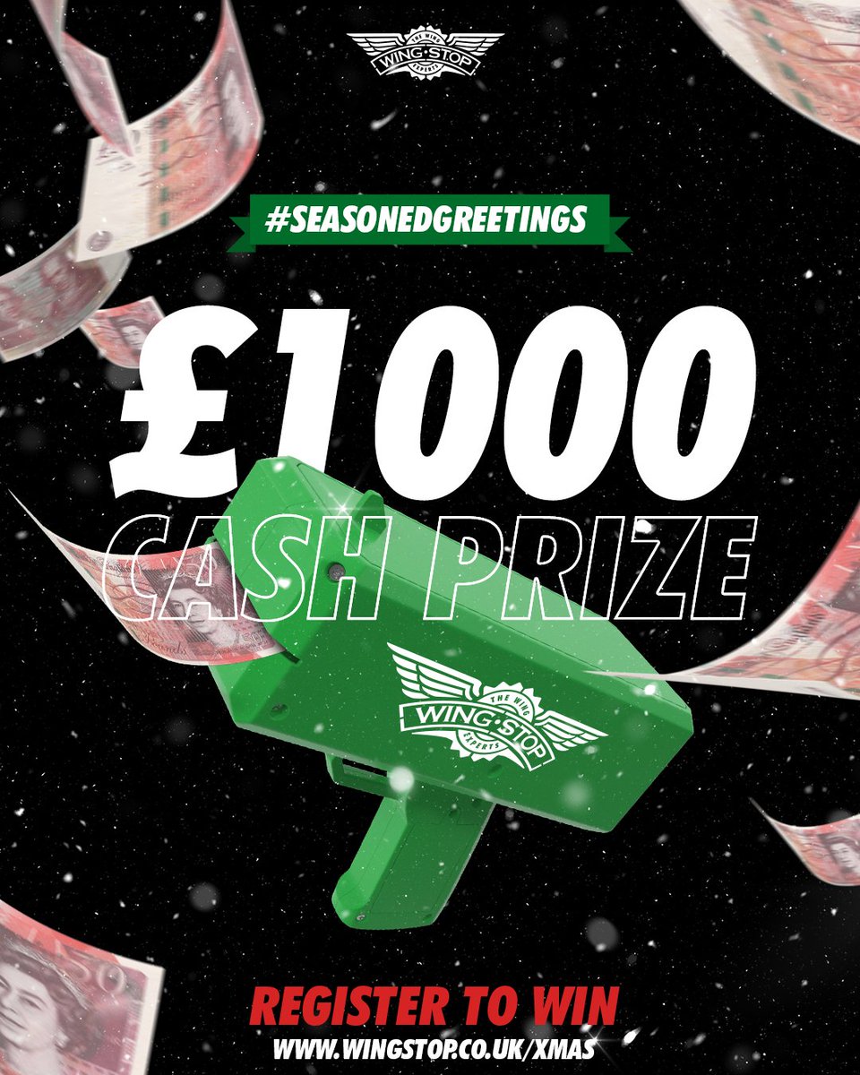 WingstopUK's tweet photo. 🤩 💷 YOU COULD WIN £1000 CASH 🌲 #SEASONEDGREETINGS

 To be in with a chance of winning the first of 12 huge prizes this Christmas, tag 3 friends below + register here: https://t.co/PmUpMUe1PZ

T&amp;Cs apply - Good luck 🔥

#WingstopUK #Wingstop #Christmas #Win #Competition https://t.co/XrZisWpnnq