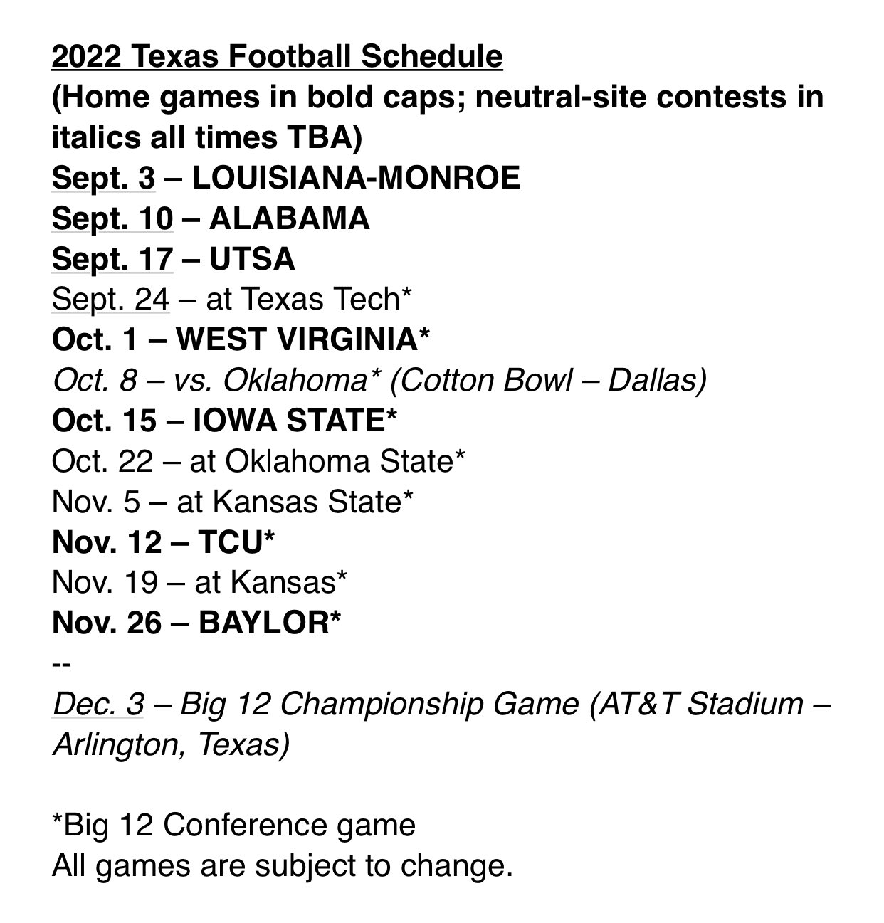 Texas 2022 Schedule Chip Brown On Twitter: "#Texas #Longhorns' 2022 Football Schedule  Https://T.co/Imtmfzae78" / Twitter