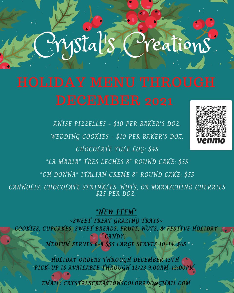 ColoradoGenXGal's tweet photo. Crystal's Creations Holiday Menu! All items are made-to-order, and holiday orders must be placed by December 15th! 

I appreciate the consideration of Crystal's Creations specialty desserts for your holiday events!  Sincerely, Crystal https://t.co/E77AOgbGqJ