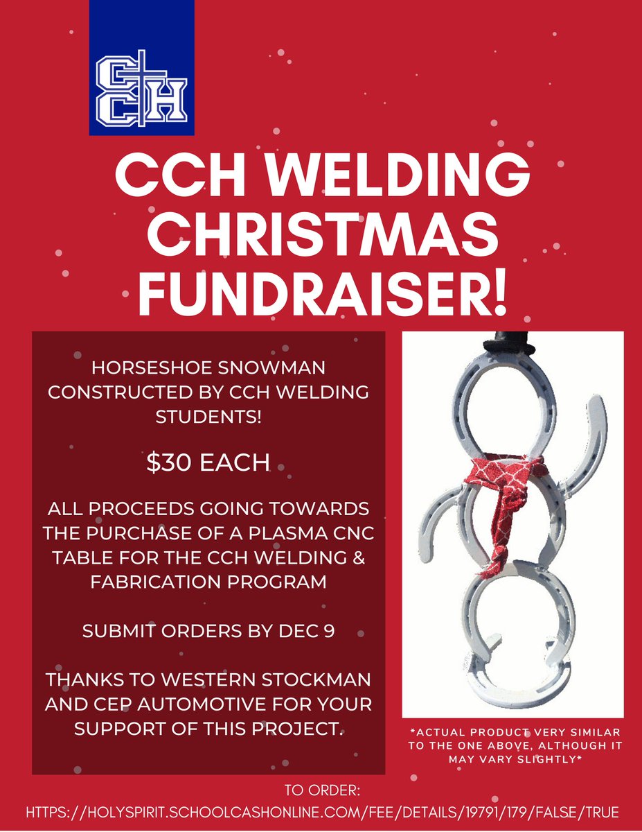 Our Welding classes at <a href="/cchschool/">Catholic Central</a> are raising money to purchase a CNC Plasma table. We are selling horseshoe snowmen for $30ea. All proceeds go towards the purchase of the table! To purchase, simply click the link below. Thanks for your support! #hs4
holyspirit.schoolcashonline.com/Fee/Details/19…