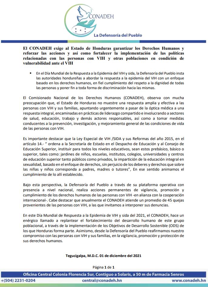 CONADEH's tweet image. 📢Pronunciamiento| #DiaMundialdelSIDA 👇