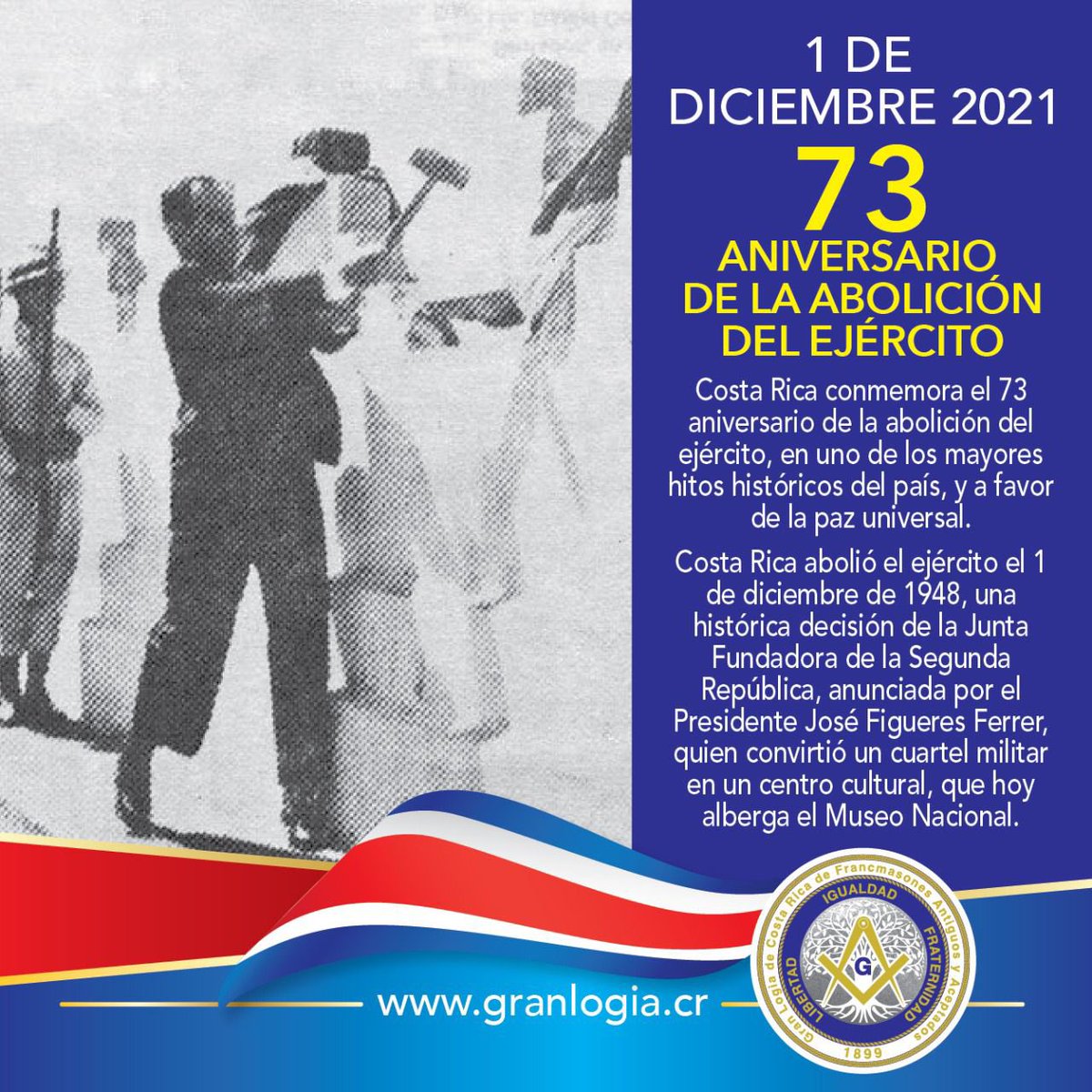 GranCr's tweet photo. #UnDíaComoHoy se celebra el 73 aniversario de la abolición del ejército 

Feliz día. https://t.co/ilcGXRsam2