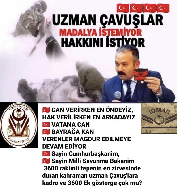 alitilkici38's tweet image. Elbette yapılan her görevin bir zorluğu vardır.
Kıyas yapıldığında;görevini vatanı milleti için ölürsem şehit kalırsam gazi anlayışıyla yapan uzman çavuşların hak verilecek olarak açıklananlardan bir can  fazlalıkları var
Biz madalya değil özlük haklarımızın düzelmesini istiyoruz