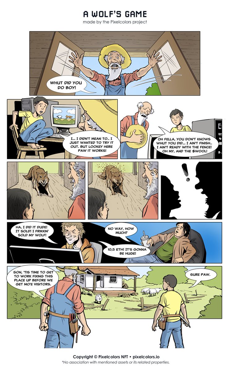 pixelcolorsNFT's tweet photo. Here's the first in a series of comics capturing critical events in the meta space, as they happen.

By #Pixelcolors project (launching soon): https://t.co/gNWfgHHmNY

@wolfdotgame @garyvee #wolfgame https://t.co/YBH1QxY2FK