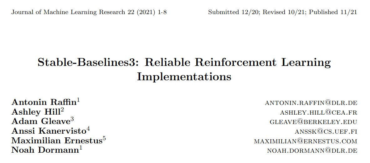 araffin2's tweet image. Stable-Baselines3 (SB3) paper, accepted by the Journal of Machine Learning Research (JMLR), is now available online =D!

Paper: jmlr.org/papers/volume2…
SB3: github.com/DLR-RM/stable-…
SB3-Contrib: github.com/Stable-Baselin…