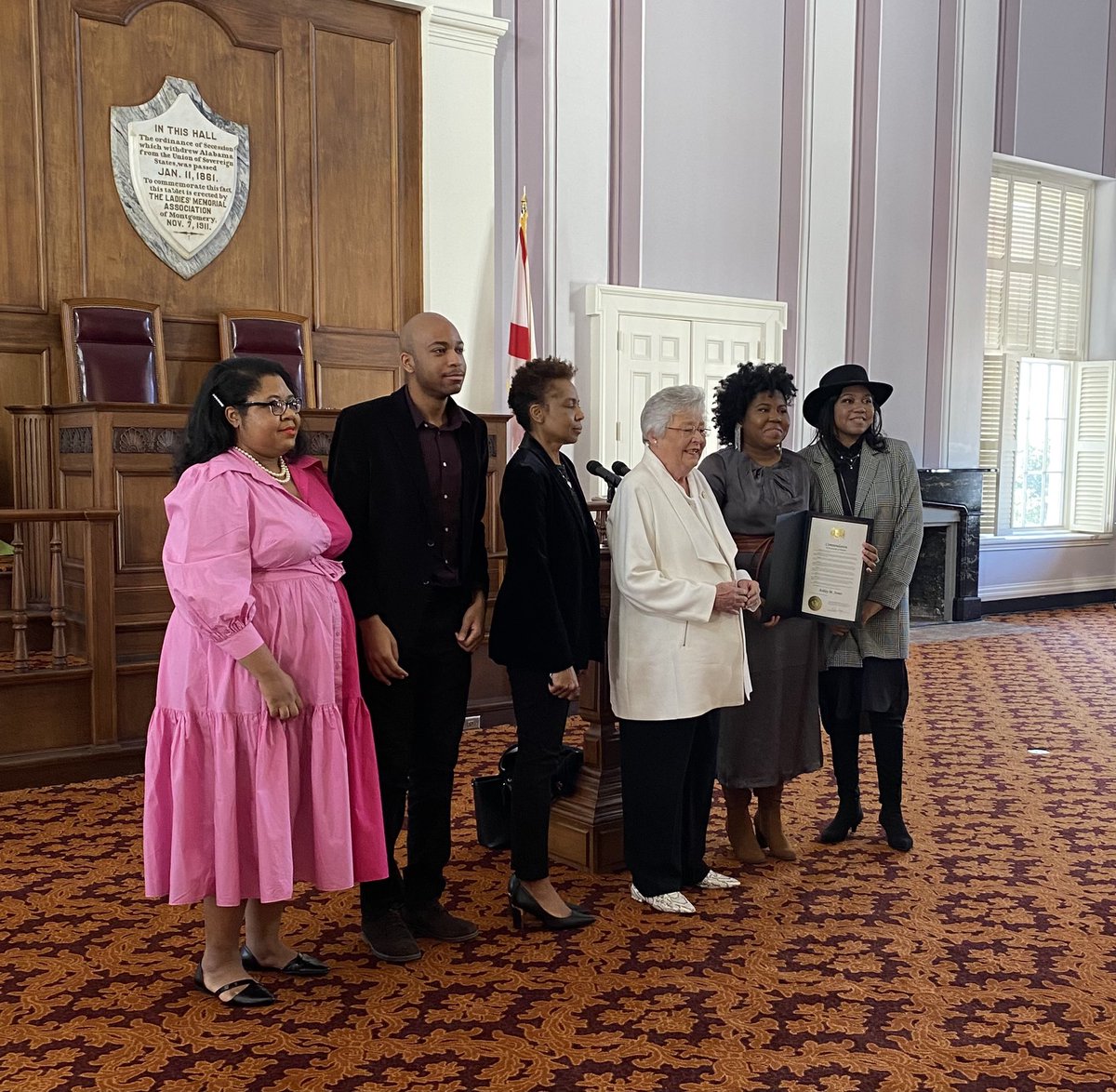 GovernorKayIvey's tweet photo. We just held a special ceremony to welcome Ashley Jones as Alabama’s new Poet Laureate! She will serve a four-year term. She makes history as the state’s youngest-ever and first black Poet Laureate. We are proud to celebrate her many accomplishments today. @AL_Writers #alpolitics https://t.co/txfoR7OkCK