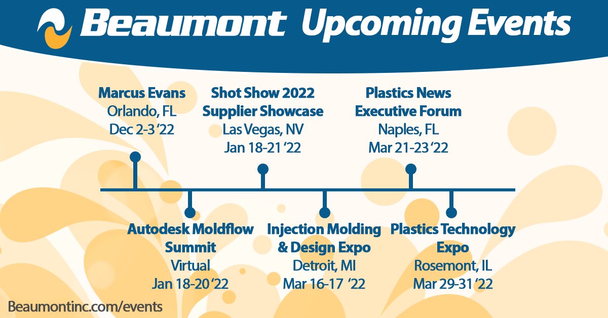 Looking forward to talking plastics at these exciting events!

#ontheroadagain #weareBeaumont #injectionmolding #tradeshows #expos #plastics