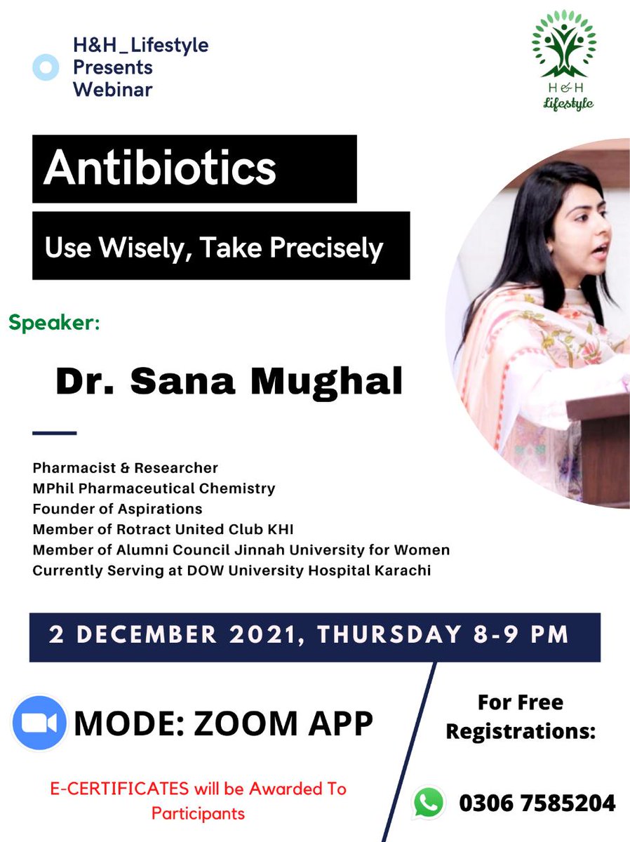 HealthyHale's tweet photo. Asslam o Alaikum!
Another Knowledge Seeking Session Arranged By H&amp;H Lifestyle Regarding Health &amp; Immunity *"Topic: Antibiotics"* with respected speaker *"Dr. Sana Mughal"* on 2 Dec, Thursday.
Get Register Yourself by Contacting Given Number.

Mian Ahmed (President)
@HealthyHale https://t.co/q3oWZk69in