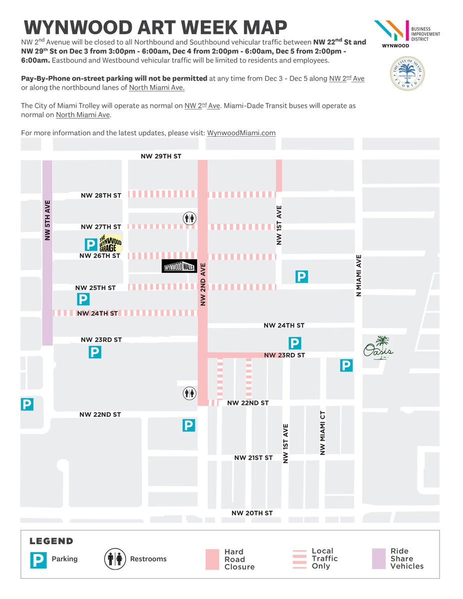 Heading to Wynwood this weekend? There will be several street closures throughout the district to accommodate the influx of pedestrians. We strongly encourage the use of rideshare.

For full details, visit bit.ly/3dfip7T.