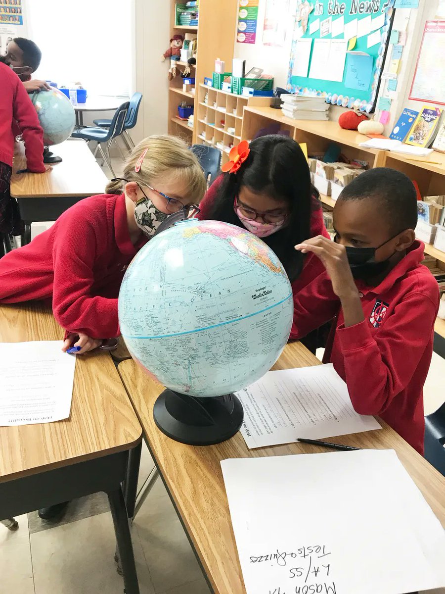 CedarHillPrep's tweet photo. #Grade4 students gathered globes, atlases, and hand lenses as they embarked on a journey along the Equator and Prime Meridian. As they traveled along each major line of the global grid, they logged the oceans, seas, continents, and countries that they crossed. #hoponboard #map https://t.co/cn6bitJm00