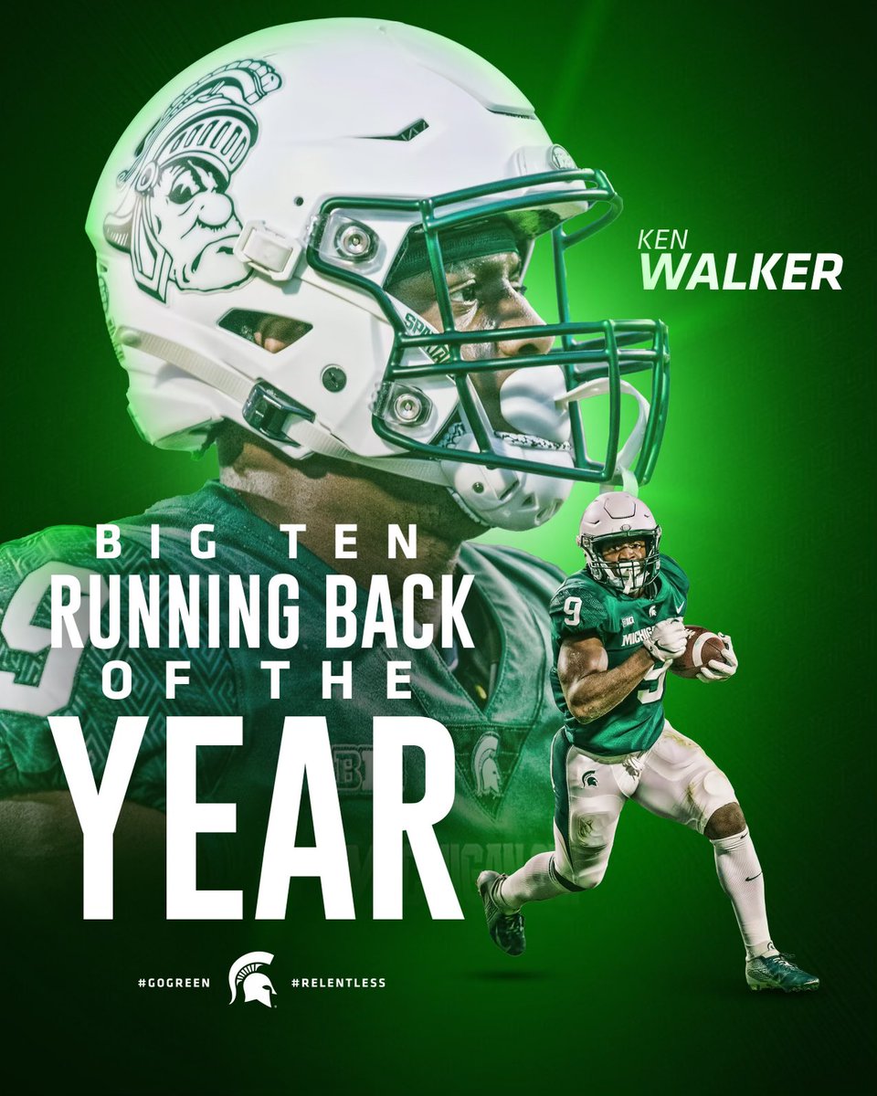 MSU_Football's tweet photo. Easy choice 🏆

@Kenneth_Walker9 has been announced as the B1G Ten Running Back of the Year #K9ForHeisman https://t.co/0klAOfYr9t