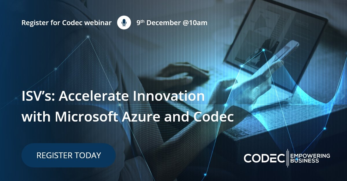 Join Codec and Microsoft on Thursday 9th Dec at 10am to find out why Marketplace is the future of B2B transactions as well as learning more about best practices for your infrastructure design using Cloud Native Apps for ISVs. Register Now -   bit.ly/3EhuPs6
#codec #isv
