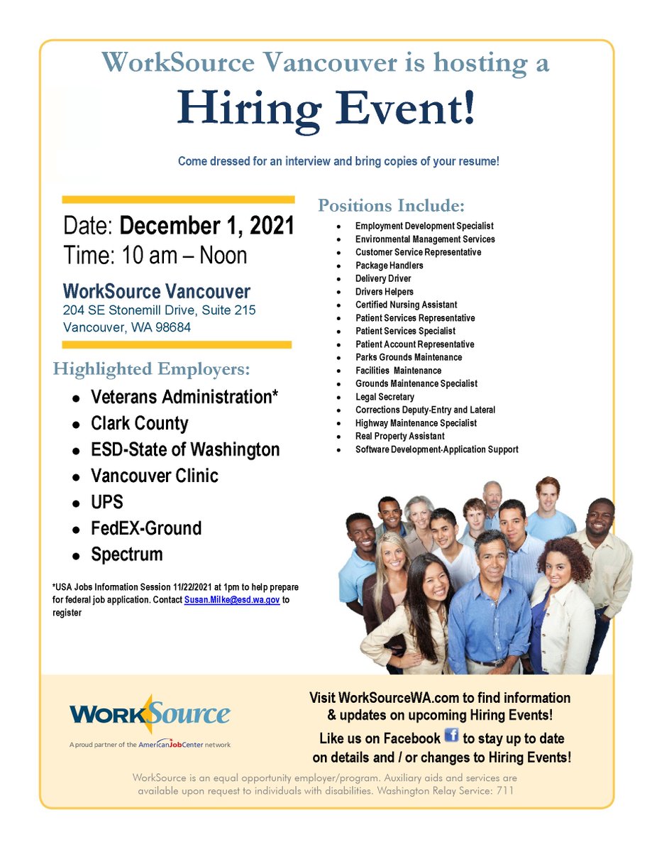 WorkforceSWWA's tweet image. The WorkSource Vancouver in-person hiring event is TODAY. Come dressed for an interview and bring copies of your resume! Learn more at bit.ly/3Dyc433