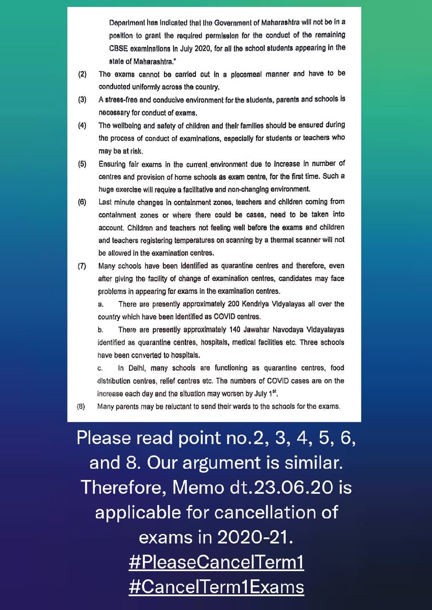 adv_antara's tweet photo. Please read point no.2, 3, 4, 5, 6, and 8. Our argument is similar. Therefore, Memo dt.23.06.20 is applicable for cancellation of exams in 2020-21. 
#PleaseCancelTerm1
#CancelTerm1Exams https://t.co/XXIqTOZACQ