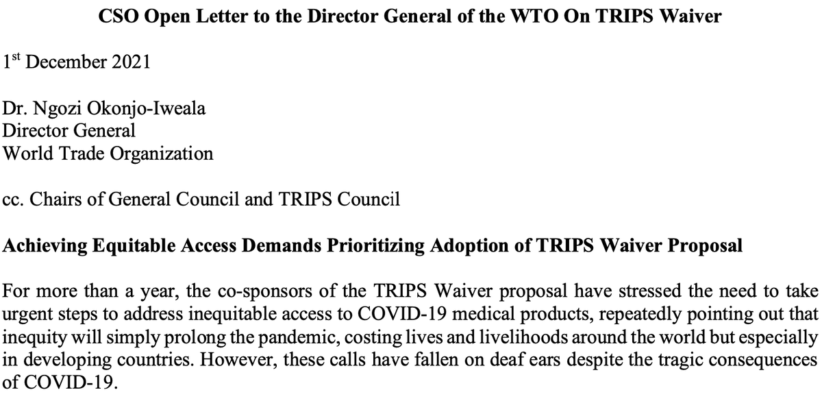 126 CSOs incl <a href="/amnesty/">Amnesty International</a> <a href="/hrw/">Human Rights Watch</a> <a href="/MSF_access/">MSF Access</a> 
Send ltr to WTO's D-G <a href="/NOIweala/">Ngozi Okonjo-Iweala</a>; Chair - TRIPS Council <a href="/NorwayAmbWTO/">Petter Ølberg</a> &amp; Chair - GenCouncil <a href="/CastilloDacio/">Dacio Castillo</a> <a href="/wto/">WTO</a>: 

"Achieving Equitable Access Demands Prioritizing Adoption of #TRIPSwaiver Proposal"

#TRIPSWaivernow 

twn.my/title2/intelle…