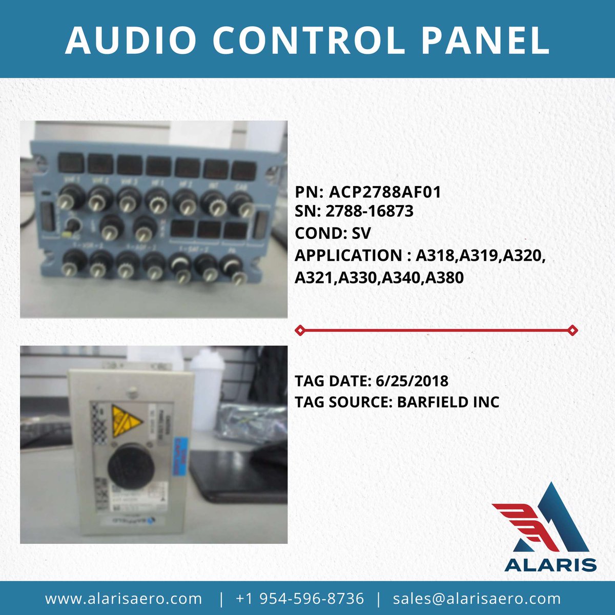 AlarisAerospace's tweet photo. Product Snapshot
PN: ACP2788AF01
Audio Control Panel
SV and Ready-To-Go
For inquiries, contact sales@alarisaero.com or call +1 954 596 8736
#FeaturedProductOfTheDay
#Aviation #MRO #USM #LocalEverywhere #SimplifiedAircraftSolutions #ZeroDowntime #AlarisAdvantage #24Seven365 https://t.co/D2ca4OXfAX