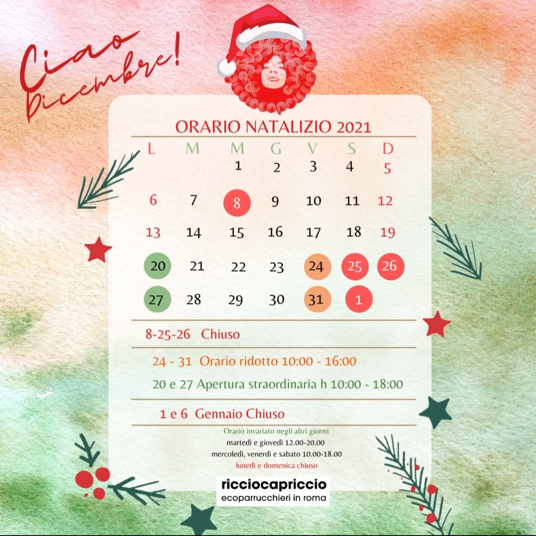 EcoParrucchieri's tweet photo. Ciao #dicembre, ti diamo il benvenuto con un orario speciale!  
✅ apertura straordinaria lun 20 e 27 dic. h 10.00-18.00 
✅ 24 e 31 dic. aperti dalle 10.00 alle 16.00 
⛔️ Chiuso  8, 25, 26 dic. 1 e 6 gen. PS dicembre vola,prenota! https://t.co/Y2soyNXfdS
#RiccioCapriccio https://t.co/IZqjjQM3Ek