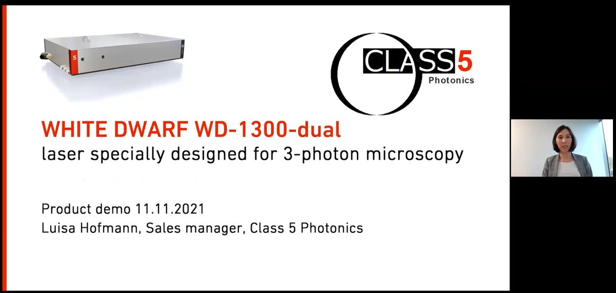 Class5Photonics's tweet photo. Our product demo presented at Neuroscience conference is now available! Watch the recoding 📺 and learn about the White Dwarf - a laser specially designed for 3-photon #microscopy.
#OPCPA from Class 5 Photonics and powered by @CoherentInc Monaco
https://t.co/mJiBkSwGrJ https://t.co/0lDFxVh2sV