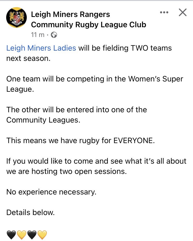 Leigh Miners Ladies will be fielding Two teams in 2022! One in the Women’s Super League &amp; one in the community leagues to support our player pathway.Two open training sessions are planned for the 11th &amp; 13th December, all players welcome no experience necessary💛🖤💛🖤 #123Miners