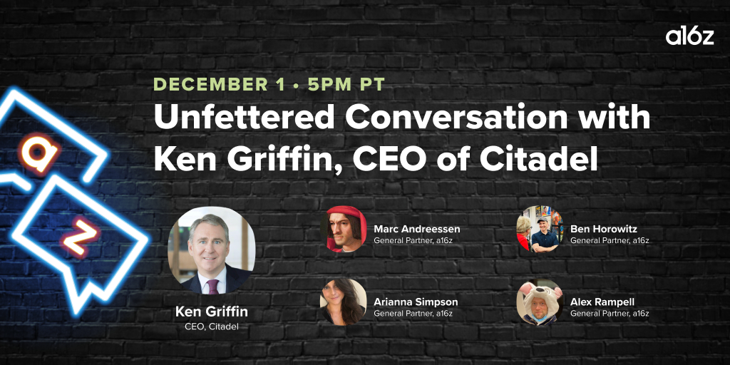 👋 Today on <a href="/Clubhouse/">Clubhouse</a>: <a href="/Citadel/">Citadel</a> CEO Ken Griffin joins <a href="/pmarca/">Marc Andreessen 🇺🇸</a>, <a href="/bhorowitz/">benahorowitz.eth</a>, <a href="/arampell/">Alex Rampell</a> and <a href="/AriannaSimpson/">AriannaSimpson.eth</a> for an unfettered conversation on finance, the future, and yes, the Constitution. Don’t miss it.

📅 12/1/21
⏰ 5pm PT/8pm ET
🎧 ios.clubhouse.com/event/M6V6p1zJ