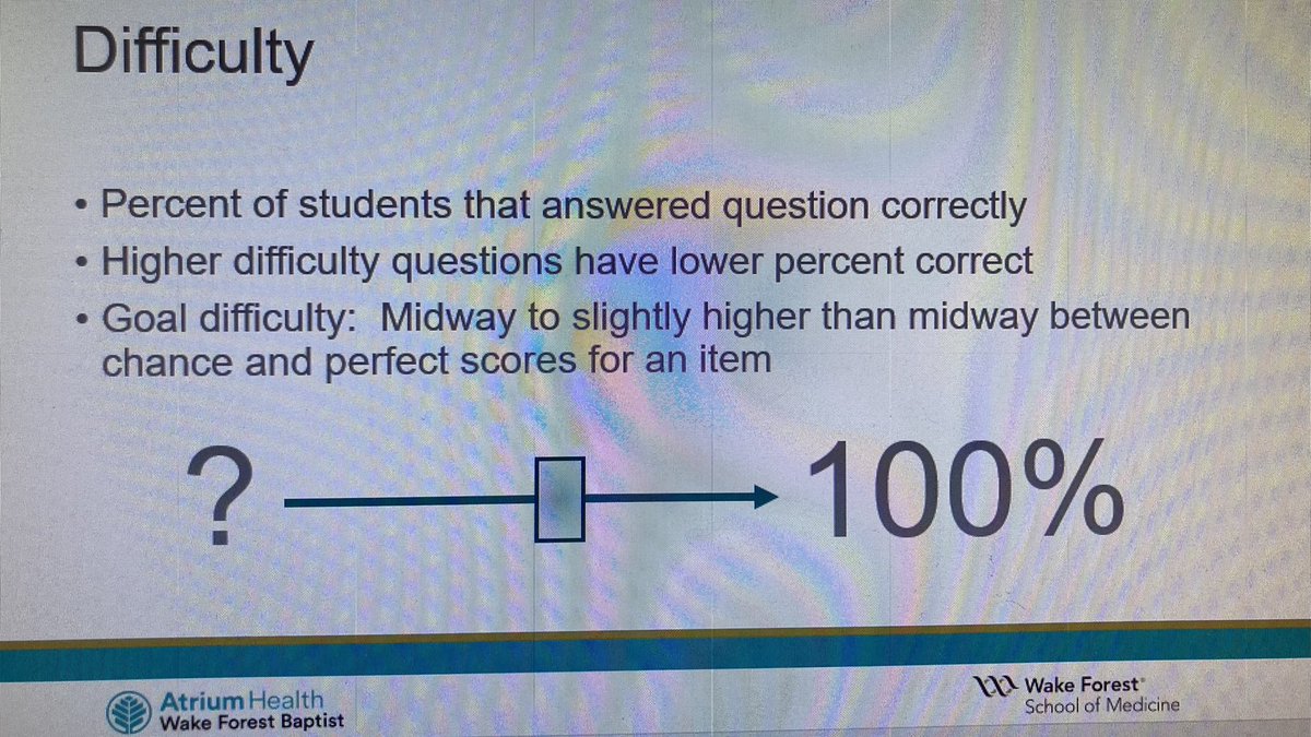 WFeducators's tweet photo. In the last segment of #HPEI Dec Education GRs we learn how to interpret assessment data (for MCQ exams) using difficulty (p), discrimination index (DI), p+DI, &amp; point biserial data and some benchmarks from Kristin Lindaman Ass Prof @WakeForest_PA. https://t.co/Lsgvf3f0DL