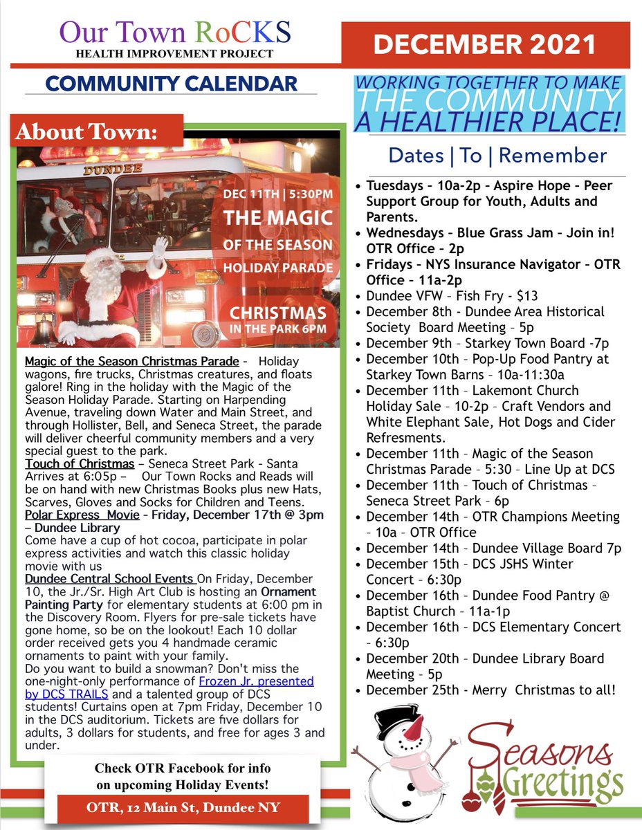 OurTownRocks's tweet photo. December 2021 OTR Community Calendar #dundeeny #ourtownrocks #community https://t.co/iskNaUZP0i