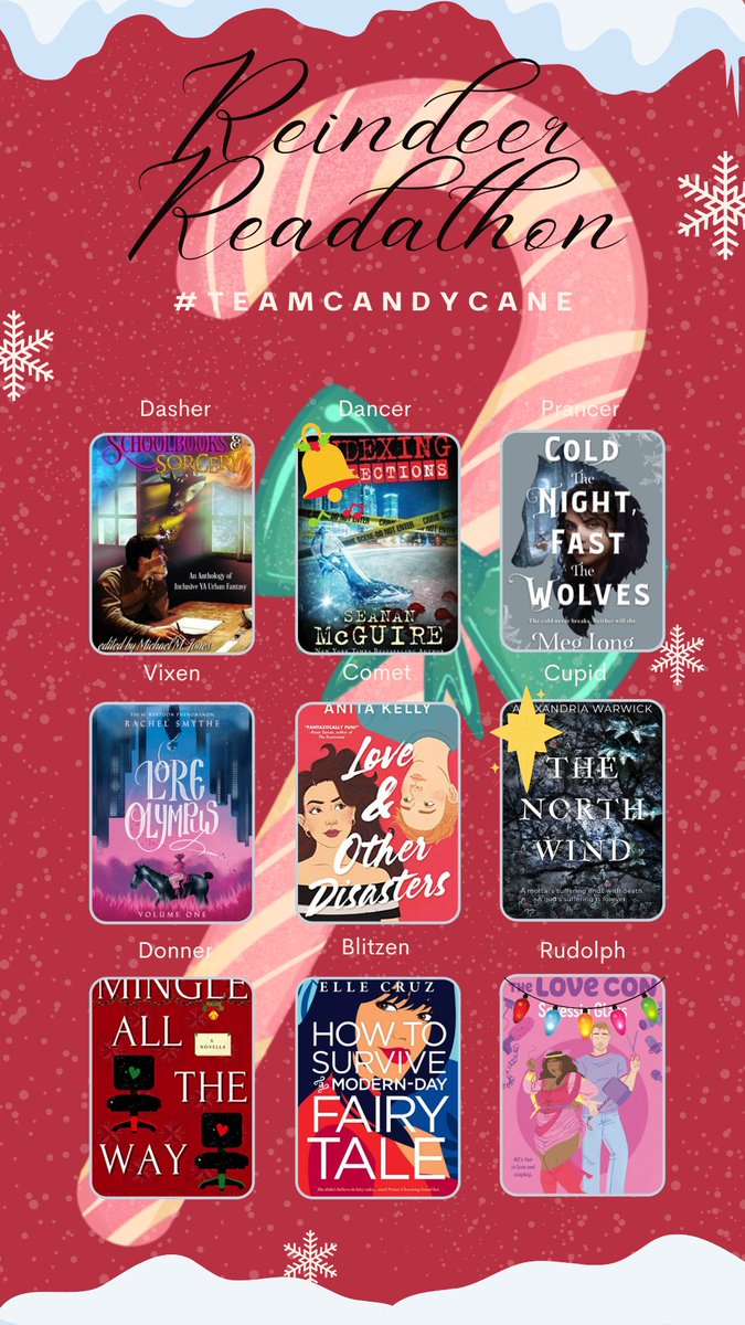 ElleyOtter's tweet photo. Oopsie-doodle! Forgot about Dasher so I had to redo my TBR for #ReindeerReadathon, haha. Go #TeamCandyCane! @ReindeerReadat1 https://t.co/ZkRK9gvoVj
