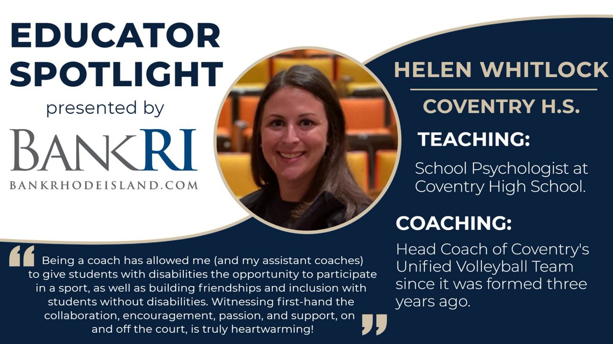 📣The RIIL is pleased to announce the December honoree of our new Educator Spotlight, presented by BankRI is Helen Whitlock of Coventry H.S.
READ THE FULL Q&amp;A w/ the <a href="/CoventryOakers/">Coventry High School</a>' school psychologist and #unified volleyball coach: riilsports.tumblr.com/post//december…
#ChoosetoInclude