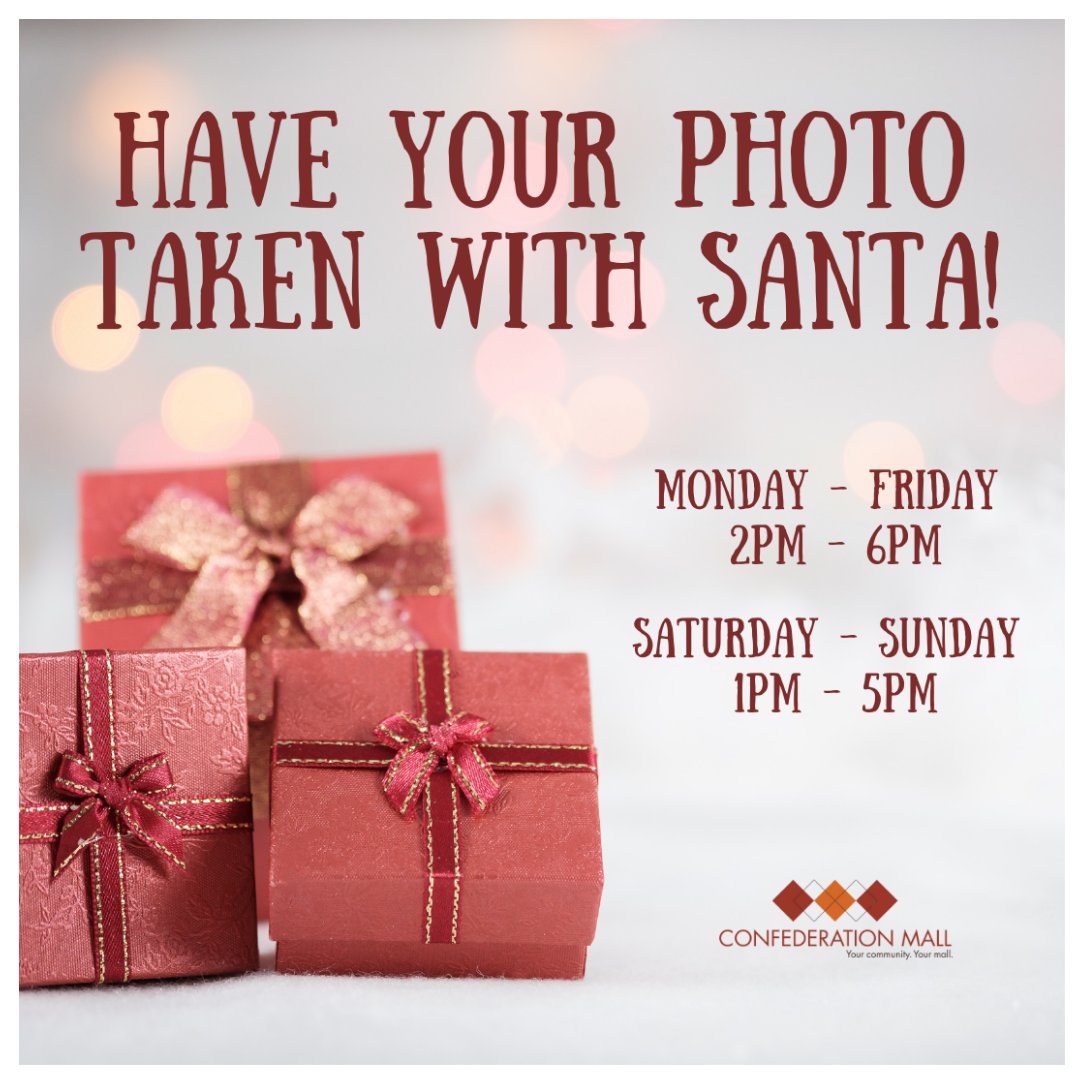Confed_Mall's tweet photo. Santa has arrived! 🌲
Have your photo taken with Santa at Confederation Mall now until December 24th
Monday - Saturday: 2PM - 6PM
Sundays: 1PM - 5PM
Christmas Eve: 1PM - 4PM
#myconfed #santa #santaphotos #picswithsanta #yxe #saskatoon #hohoho https://t.co/y8BmDeAhPr