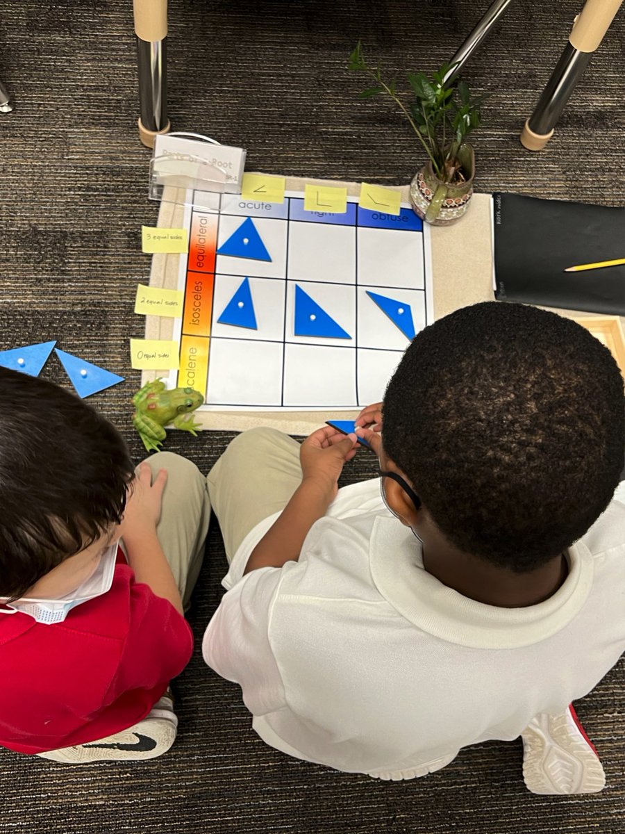 First Graders were working to sort triangles by sides and angles this morning in Lower Elementary.  #LRENoFinishLine