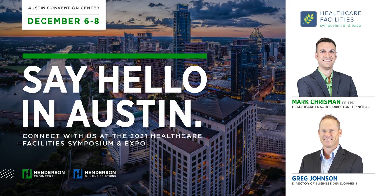 hendersonengs's tweet photo. Our experts will be in attendance at next week's #Healthcare Facilities Symposium &amp; Expo in #AustinTX. We're looking forward connecting with other industry professionals so be sure to say hello. See you there!  
#HFSE #HendersonKnowsHealthcare 

👉https://t.co/5UwCVwNRyH https://t.co/2u5ROCbFTU