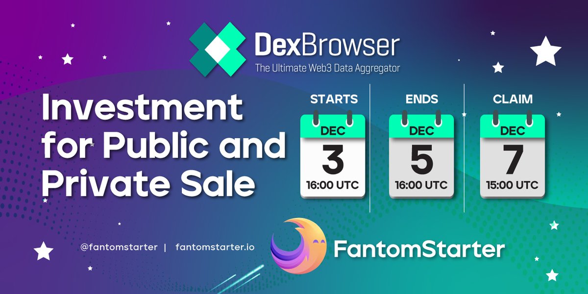 fstarter_xyz's tweet image. 🎉 @dexbrowser lottery results are now in! 👉 app.fantomstarter.io/projects

⏰ Funding: Dec. 3rd, 16:00 UTC -  Dec. 5th, 16:00 UTC
⏰ FCFS pool: Right away, until sold out.
⏰ Claim: Dec. 7th @ 15:00 UTC

blog.fantomstarter.io/dexbrowser-gui…

$BRO: 0x230576a0455d7ae33c6defe64182c0bb68bafaf3