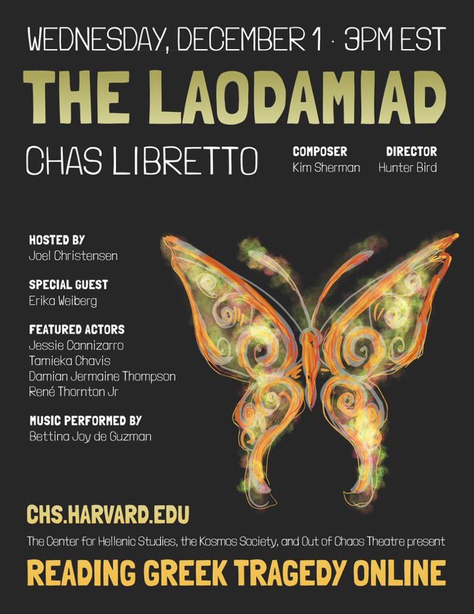 Enrichment opportunity: 

📅 Wednesday 1 December
⏰ 8pm
<a href="/wordsofchaos/">Out of Chaos</a> latest episode of Reading Greek Tragedy Online: The Laodamiad by <a href="/ChasLiBretto/">Chas LiBretto</a> (inspired by Euripides' Protesilaus) with special guest @erweiberg 
Watch it here : youtu.be/UDDHuNqHCOA 
<a href="/LboroGrammar/">Loughborough Grammar School</a>