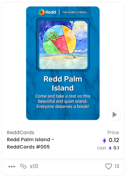 Kpcrypt0's tweet photo. Incredible!!! The "Redd Palm Island" ReddCard #polygonNFT is going for 0.1 #ETH right now! We mint all our #NFT's on the #Polygon chain to keep the transaction costs low.

Buy one of our card now and support the #ReddCoin team!

https://t.co/xYbqehFmnr

@reddcoin @ProjectReddTW https://t.co/xEd94bblul
