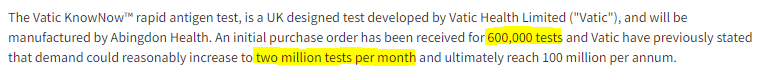 OC7990's tweet photo. #ABDX
- Company have alluded to potential orders from
#ACVT of 1-2M per month
- Plus 600K order from Vatic, which could rise to 2M
pm
- Non binding agreement with DHSC on the £8.45M
owed.
MCAP £32M fully diluted
2/2 https://t.co/T4tVP097zY