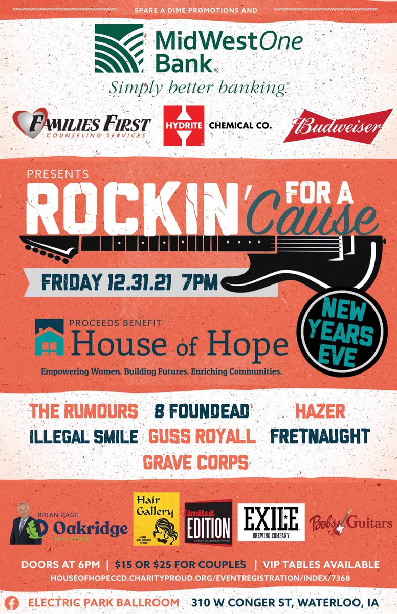 HazerBand's tweet photo. Member us?
We will be dusting the cobwebs off and playing a hell of a rock show on New Years Eve at the Electric Ballroom in Waterloo, IA
The show supports House Of Hope and the line up is great, so what’s your excuse?
We hope to see you all out on New Years Eve https://t.co/4AXdYoIOXF